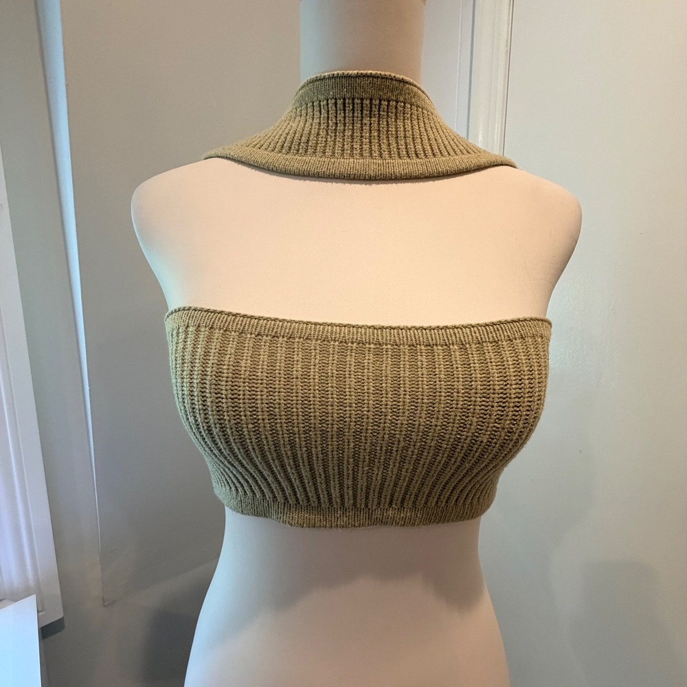 Unbranded Sage Green Ribbed Knit Choker Neck Tube Top Hook Detail | Size S/M
